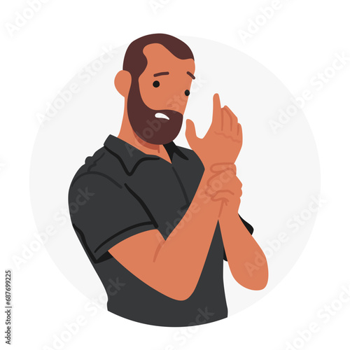 Male Character Feel Sudden, Intense Pain In The Arm Is A Classic Symptom Of A Heart Attack, Vector Illustration