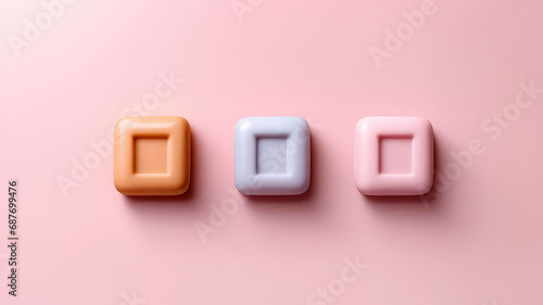 Homemade colorful  soap bars on light pink background.Minimalim, flatlay for design.Generative AI photo