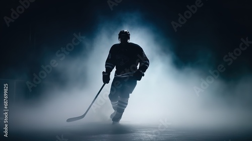 Hockey player with stick in action under spotlight photo
