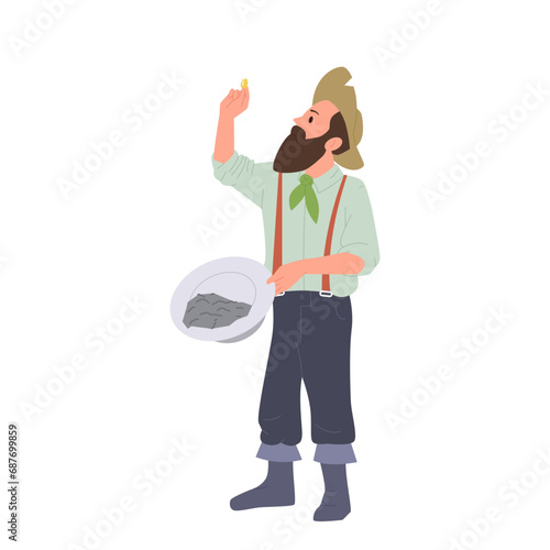 Man gold digger cartoon character of golden fever period of history isolated on white background
