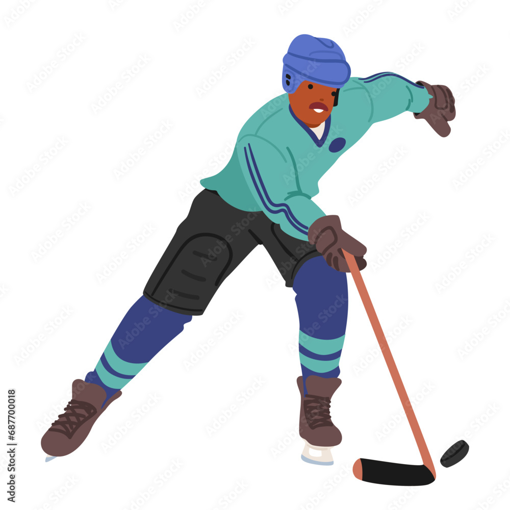 Fierce Hockey Player Clad In Gear, Gliding On The Ice With Determination, Stick In Hand, Eyes Fixed On The Puck Fierce Hockey Player Clad In Gear, Gliding On The Ice With Determination, Stick In Hand, Eyes Fixed On The Puck