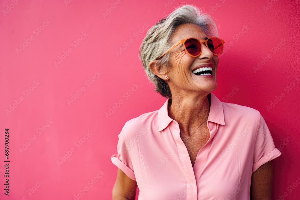 A woman wearing sunglasses and a pink shirt is laughing A woman wearing sunglasses and a pink shirt is laughing