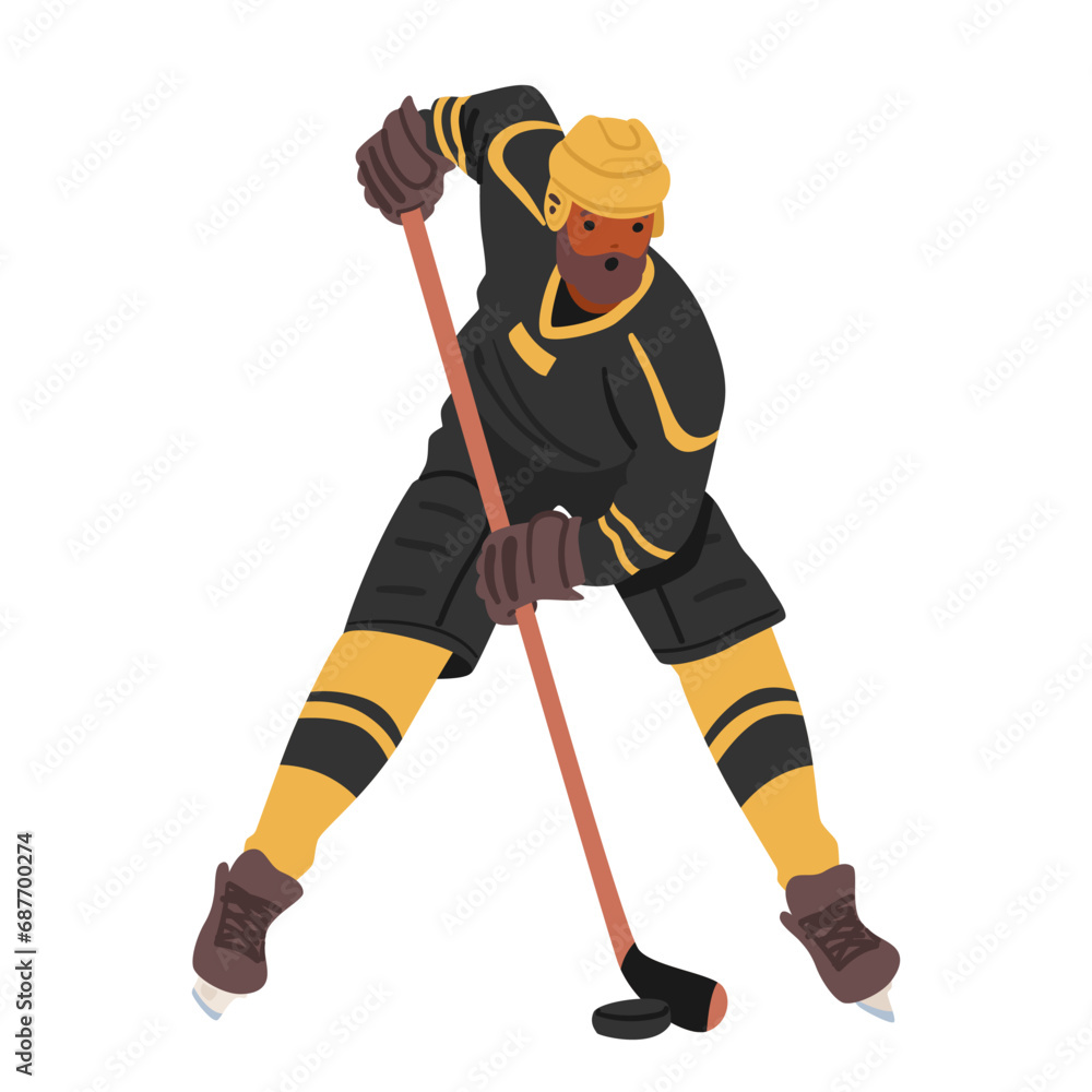 Fototapeta premium Determined Hockey Player Clad In Vibrant Gear, Skillfully Maneuvers The Puck On The Ice, Character Showcasing Agility
