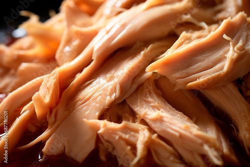 Heap of pulled chicken meat on white. A close up of shredded chicken photo