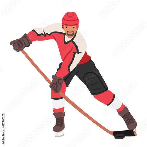 Determined Hockey Player Skates Fiercely Across The Ice, Stick In Hand, Clad In A Vibrant Jersey And Protective Gear
