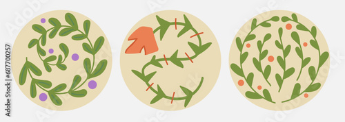 Groovy abstract floral circle shape. Retro wavy flower in modern naive style. Organic leaf and berry in pastel colors