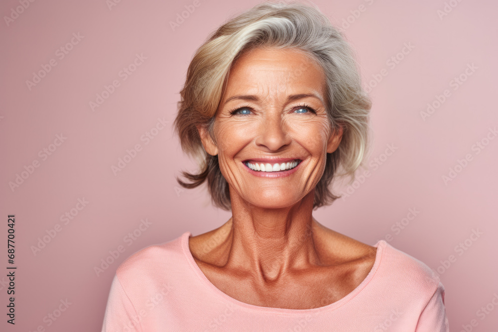 A woman in a pink shirt is smiling for the camera A woman in a pink shirt is smiling for the camera