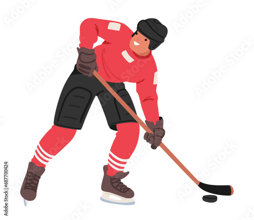 Fierce Hockey Player Character, Clad In Full Gear, Skillfully Maneuvers Across The Ice With Determination, Stick In Hand