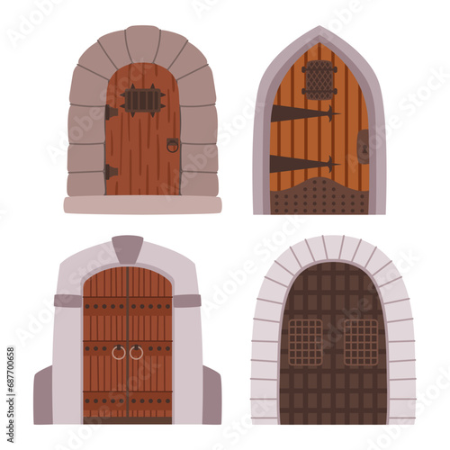 Massive Medieval Castle Doors Adorned With Intricate Ironwork, Towering Above With An Air Of Mystery