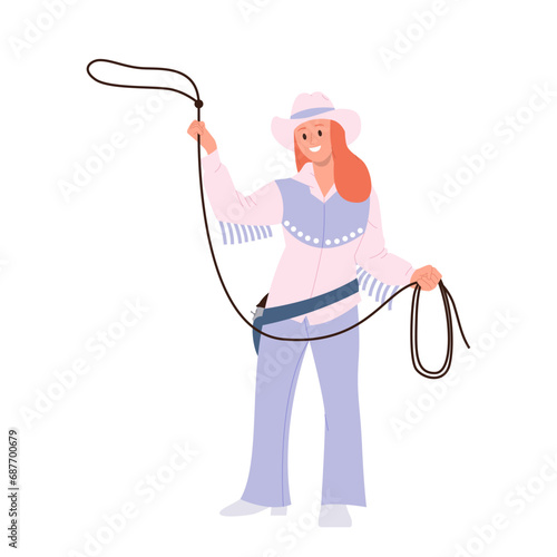 Cowgirls cartoon character wearing traditional clothing throwing lasso rope isolated on white