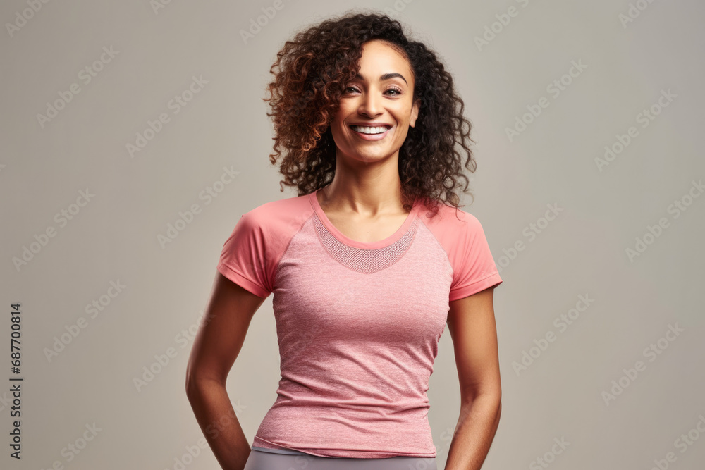 A woman with curly hair is wearing a pink shirt A woman with curly hair is wearing a pink shirt