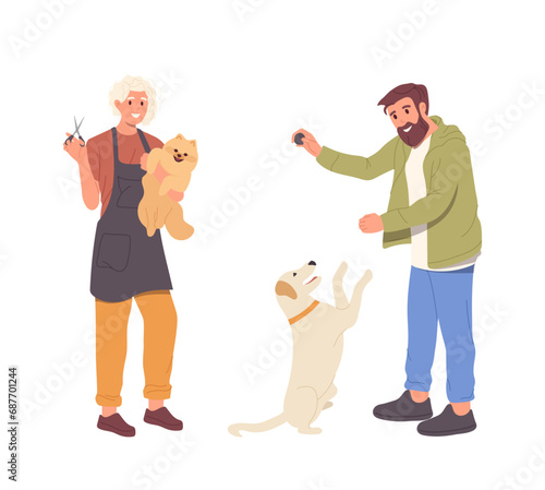 Groomer and dog trainer cartoon character isolated set, handee people profession vector illustration