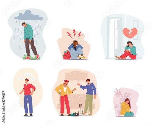 Characters Grappling With Mental Health Challenges Face A Complex Journey, Navigating Inner Struggles, Vector Set