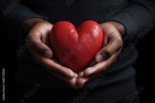 Male hands delicately cradle a big red heart  creating an intimate and romantic atmosphere against a warm background