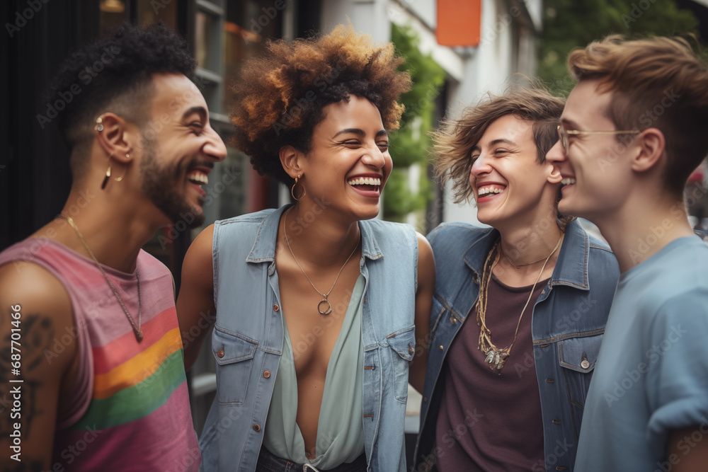 group of queer people talking and laughing outdoors, diverse people, women, men, lesbian, gay, brown, white, young, vibrant, positive, happy, natural, genuine authentic, spontaneous, happiness, jewels - obrazy, fototapety, plakaty 