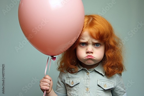 An unhappy young girl clutches an inflatable balloon, her discontent evident in the pout on her face, creating a candid and relatable scene photo