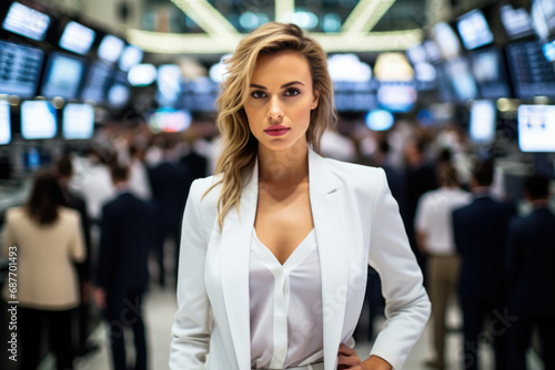 A woman in a white suit stands in front of a crowd of people