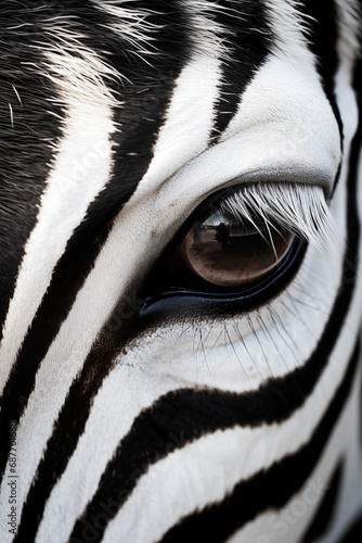 A zebra   s eye and striped coat in close-up.