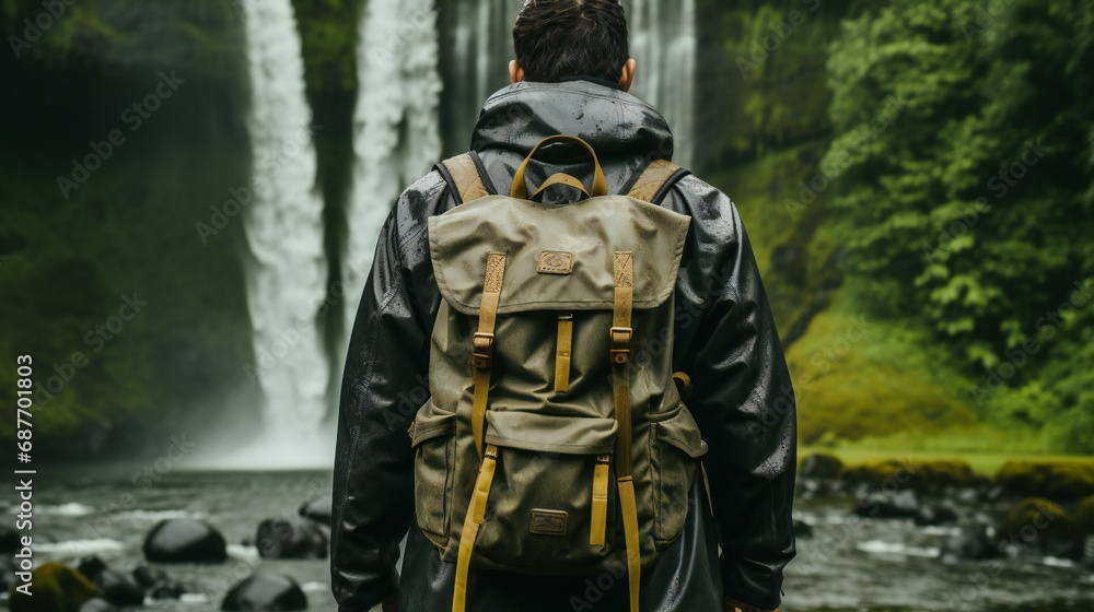 Adventurous Hiker by Waterfall. Young Explorer Enjoying Nature and Freedom Adventurous Hiker by Waterfall. Young Explorer Enjoying Nature and Freedom