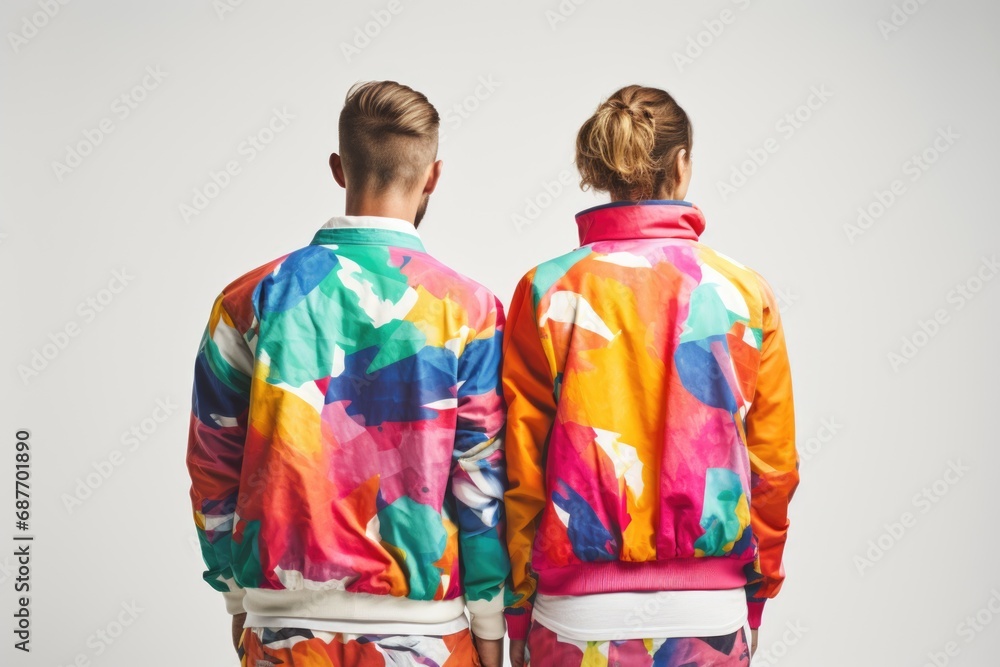 Vibrant couple in multicolored outfits, back turned, an energetic display of diversity against a bright white setting