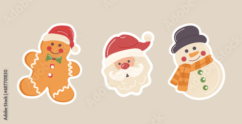 Happy cute Christmas characters collection with Santa Claus face, snowman and gingerbread man