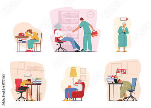 Set of Exhausted People with Fatigued Faces, Slouched Shoulders, And Heavy Sighs, Convey The Weariness Of Their Bodies