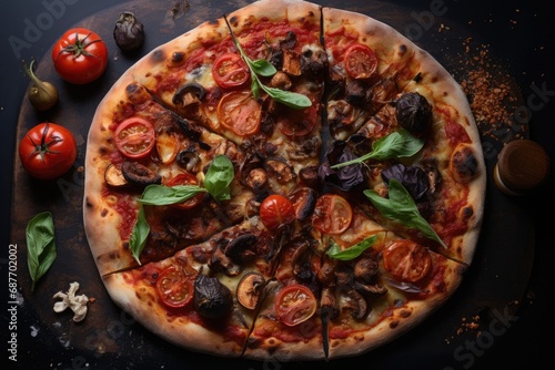 Seductively delicious pizza against a dark backdrop, a culinary masterpiece that shines in the shadows