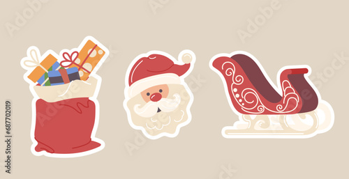 Christmas holiday collection with Santa Clause funny face, red sack of gifts and magic sleigh