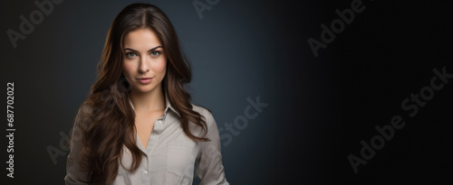 banner of young woman with long hair light shirt on dark background