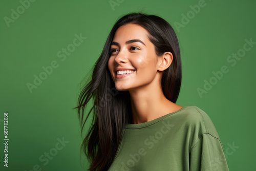 A woman in a green shirt is smiling against a green background