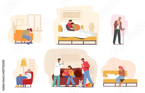 Characters Lie In Beds, Coughing And Fatigue Prevail In This Scene Of Illness, Depicting People Struggle With Sickness