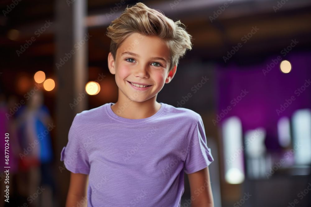 A young boy wearing a purple shirt smiles for the camera A young boy wearing a purple shirt smiles for the camera