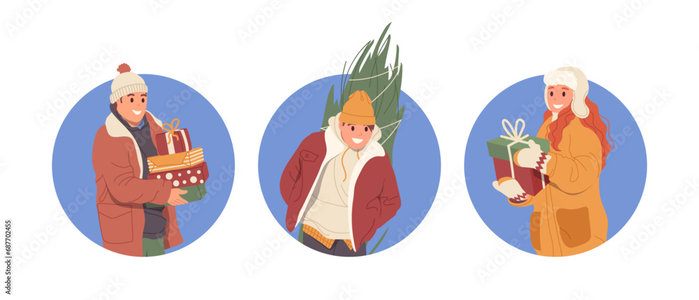 Fototapeta premium Christmas people characters doing shopping preparing for winter holidays celebration composition set