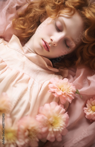 a young beautiful girl lying on the bed, head with wavy hair closeup, romance novel cover