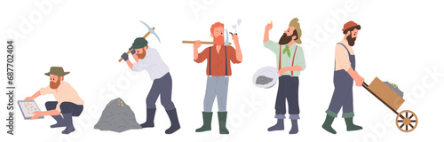 Male gold diggers cartoon characters searching of treasure with different old tools isolated set