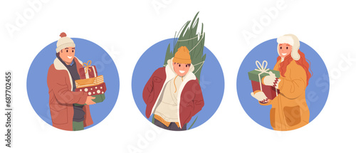 Christmas people characters doing shopping preparing for winter holidays celebration composition set