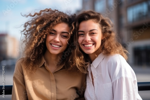 Two women with curly hair are smiling for the camera