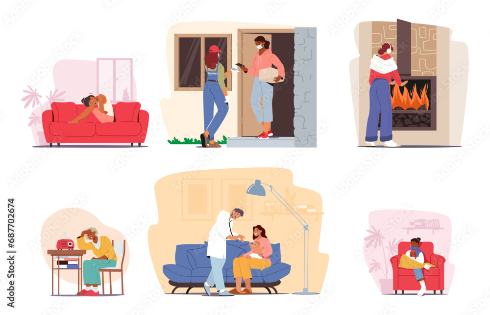 Set Of Sick Characters With Pale Faces, Tired Eyes And Coughing. Blankets And Tissues Surround People Set Of Sick Characters With Pale Faces, Tired Eyes And Coughing. Blankets And Tissues Surround People