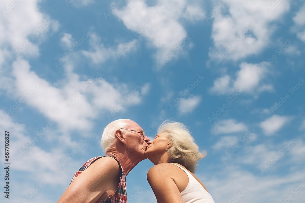 A Senior Couple kissing on the sky background A Senior Couple kissing on the sky background