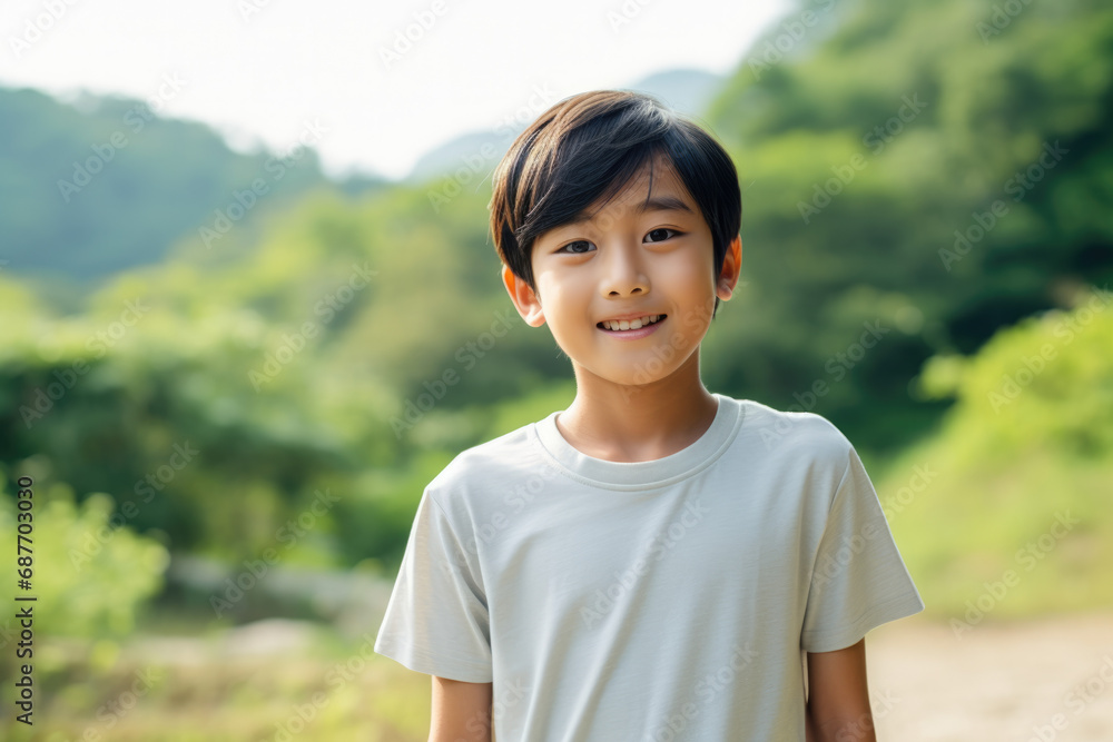 A young boy in a white shirt smiles for the camera A young boy in a white shirt smiles for the camera