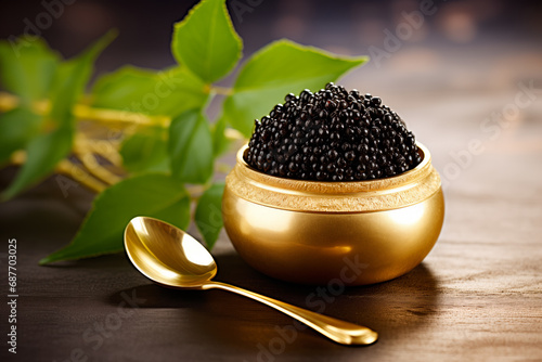 Closeup of natural black caviar in golden bowl on black background, texture of luxury fresh sturgeon caviar macro photo. photo