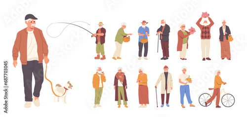 Set of diverse elderly people cartoon characters different action, hobby, daily routine activities