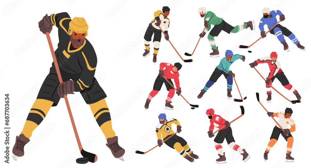 Fototapeta premium Hockey Players In Action. Agile Skaters Clad In Vibrant Jerseys Fiercely Chase The Puck, Sticks Clashing With Excitement