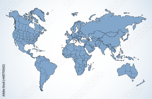 World map. Continents with the contours of the countries. Vector drawing