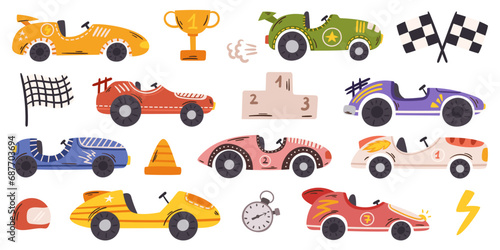 Set Of Race Cars, Sleek And Colorful, Zooming Down The Track With Excitement. Their Streamlined Designs