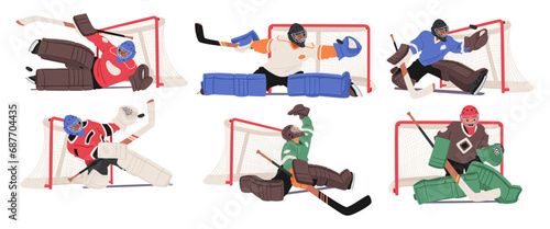 Hockey Goalkeepers In Vibrant Gear, Fiercely Guard The Net With Lightning Reflexes, Embodying Resilience