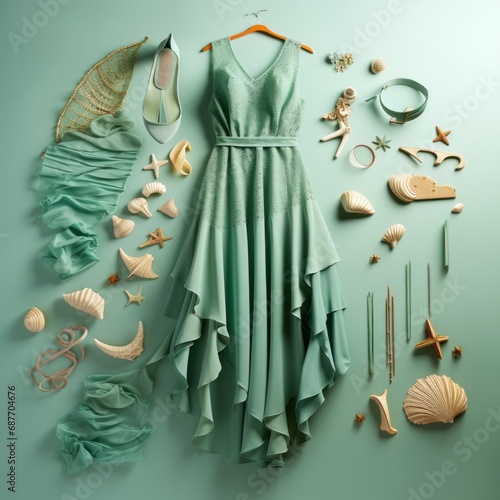 A beautiful green dress with marine-themed accessories laid out in a stylish composition, perfect for fashion enthusiasts © mockupzord