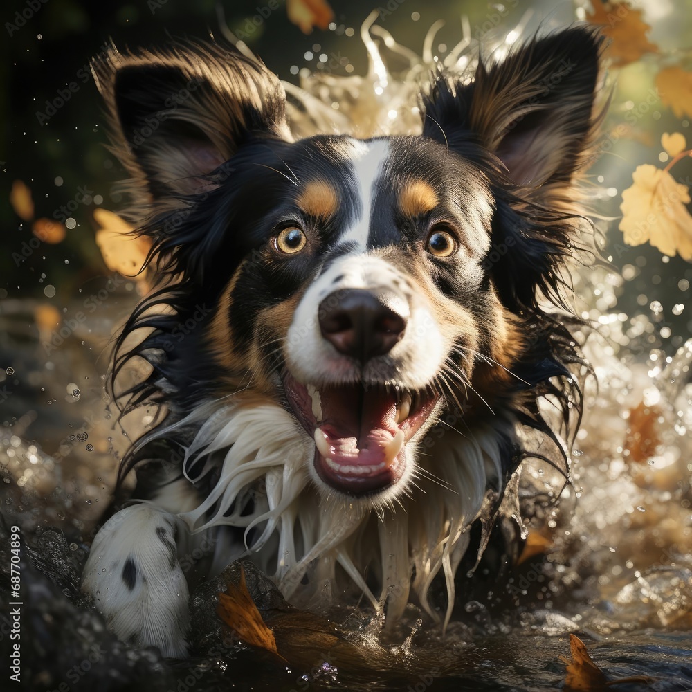 Energetic Border Collie Leaping Over Sunlit Creek