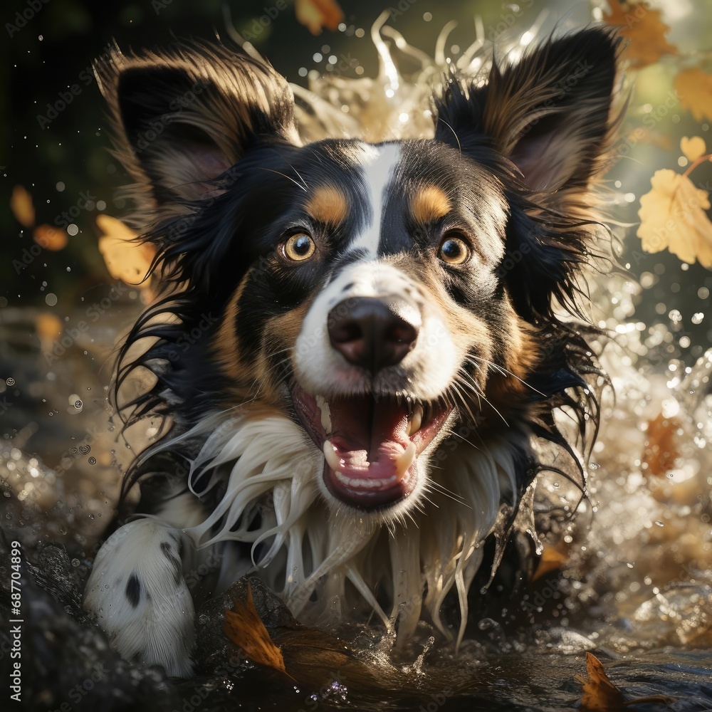 Energetic Border Collie Leaping Over Sunlit Creek Energetic Border Collie Leaping Over Sunlit Creek