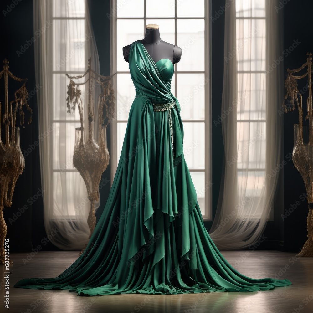 A stunning emerald evening gown displayed on a dress form amidst opulent classical decor with drapes